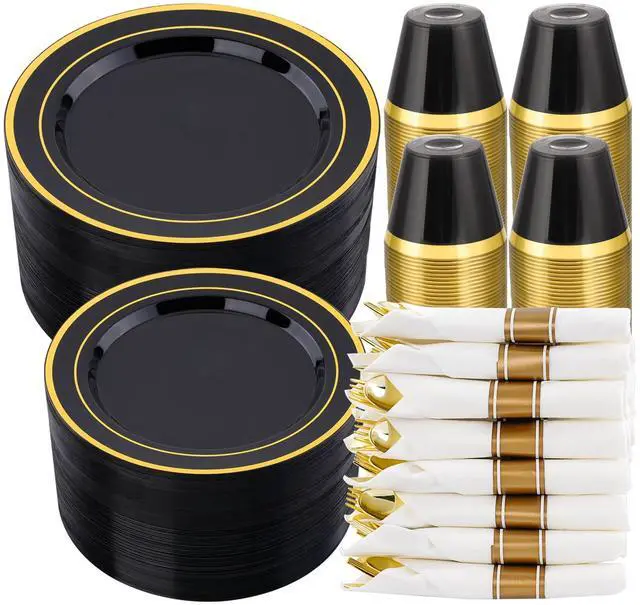 Main image of 350 PCS Black Plastic Dinnerware Set for 50 Guests, 100 Disposable Plates for Party, 50 Pre Rolled Napkins with Gold Silverware, 50 Cups for Graduation