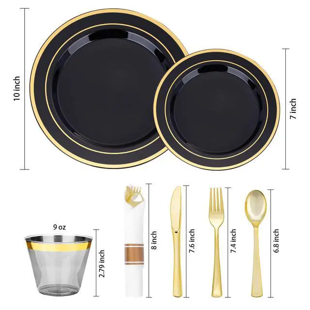 Alt view image 2 of 6 - 350 PCS Black Plastic Dinnerware Set for 50 Guests, 100 Disposable Plates for Party, 50 Pre Rolled Napkins with Gold Silverware, 50 Cups for Graduation