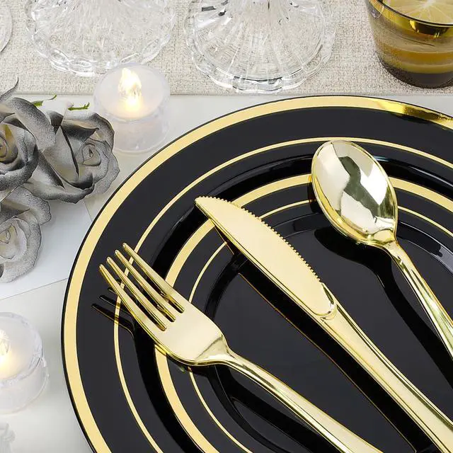 Alt view image 4 of 6 - 350 PCS Black Plastic Dinnerware Set for 50 Guests, 100 Disposable Plates for Party, 50 Pre Rolled Napkins with Gold Silverware, 50 Cups for Graduation