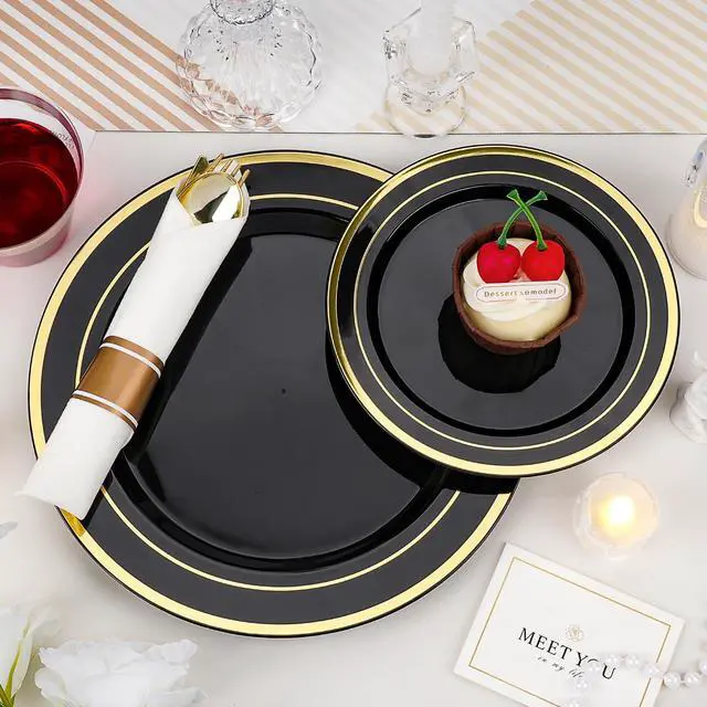 Alt view image 3 of 6 - 350 PCS Black Plastic Dinnerware Set for 50 Guests, 100 Disposable Plates for Party, 50 Pre Rolled Napkins with Gold Silverware, 50 Cups for Graduation