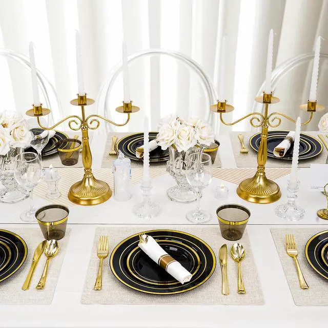 Alt view image 6 of 6 - 350 PCS Black Plastic Dinnerware Set for 50 Guests, 100 Disposable Plates for Party, 50 Pre Rolled Napkins with Gold Silverware, 50 Cups for Graduation