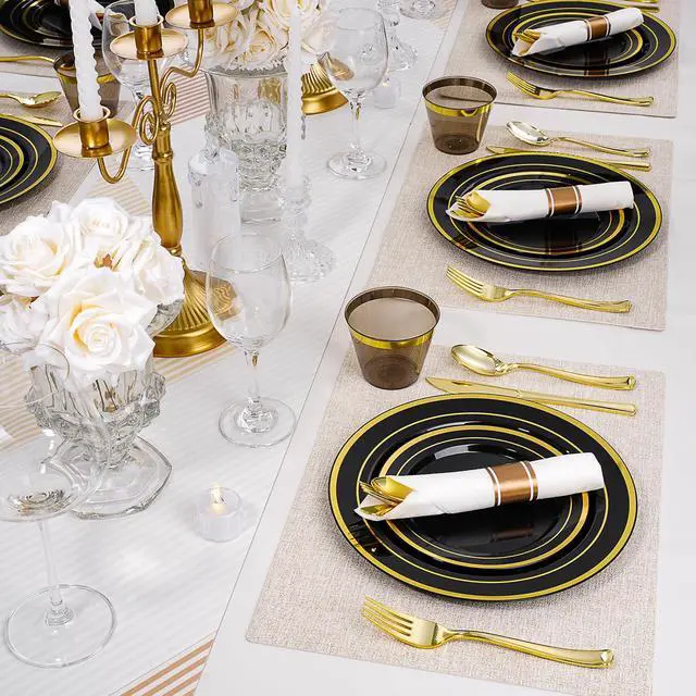 Alt view image 5 of 6 - 350 PCS Black Plastic Dinnerware Set for 50 Guests, 100 Disposable Plates for Party, 50 Pre Rolled Napkins with Gold Silverware, 50 Cups for Graduation