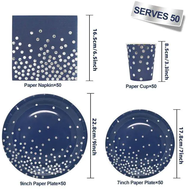Alt view image 2 of 7 - 200pcs Blue and Silver Party Deorations Birthday Plates Disposable-Serve 50 Guests,Navy Blue Plates and Napkins Party Supplies for Wedding Anniversary Retirement Graduation Decorations