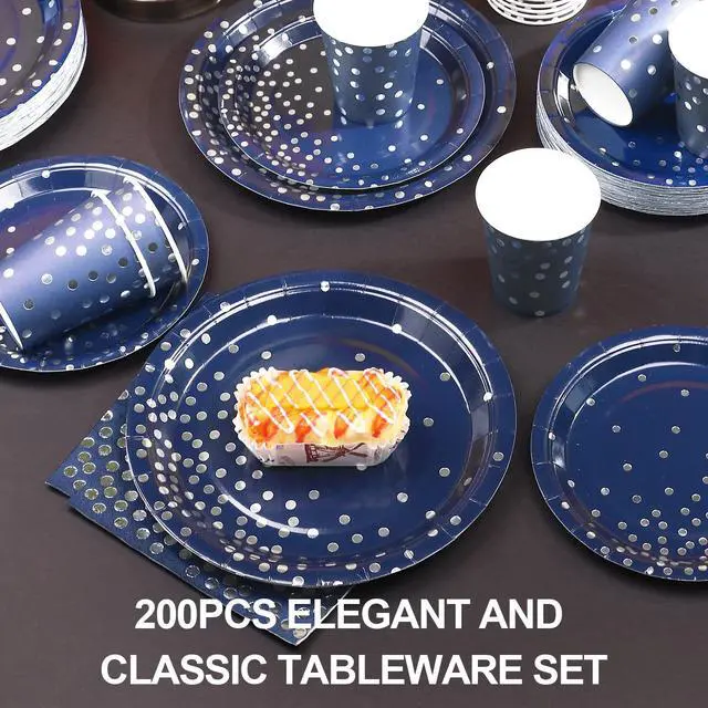 Alt view image 4 of 7 - 200pcs Blue and Silver Party Deorations Birthday Plates Disposable-Serve 50 Guests,Navy Blue Plates and Napkins Party Supplies for Wedding Anniversary Retirement Graduation Decorations