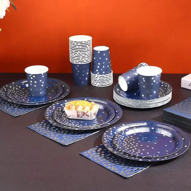 Alt view image 5 of 7 - 200pcs Blue and Silver Party Deorations Birthday Plates Disposable-Serve 50 Guests,Navy Blue Plates and Napkins Party Supplies for Wedding Anniversary Retirement Graduation Decorations