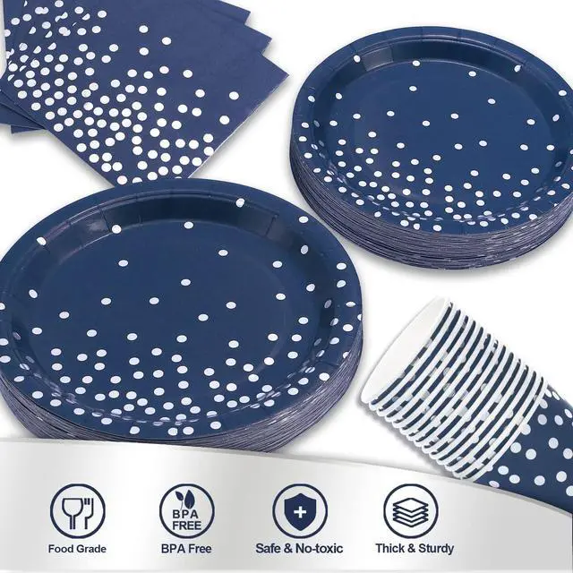Alt view image 3 of 7 - 200pcs Blue and Silver Party Deorations Birthday Plates Disposable-Serve 50 Guests,Navy Blue Plates and Napkins Party Supplies for Wedding Anniversary Retirement Graduation Decorations
