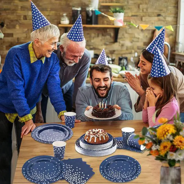 Alt view image 7 of 7 - 200pcs Blue and Silver Party Deorations Birthday Plates Disposable-Serve 50 Guests,Navy Blue Plates and Napkins Party Supplies for Wedding Anniversary Retirement Graduation Decorations
