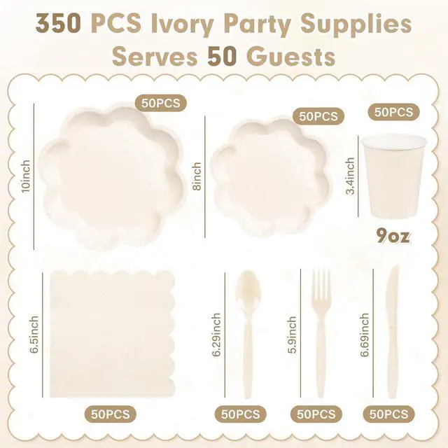 Alt view image 2 of 7 - 350 Pcs Ivory Paper Plates and Napkins Set, Tableware Set for 50 Guests Include Disposable Ivory Scalloped Plates, Napkins, Cups, Knives, Forks & Spoons for Baby Shower Wedding Bridal Shower Birthday