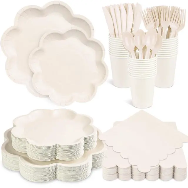 Main image of 350 Pcs Ivory Paper Plates and Napkins Set, Tableware Set for 50 Guests Include Disposable Ivory Scalloped Plates, Napkins, Cups, Knives, Forks & Spoons for Baby Shower Wedding Bridal Shower Birthday