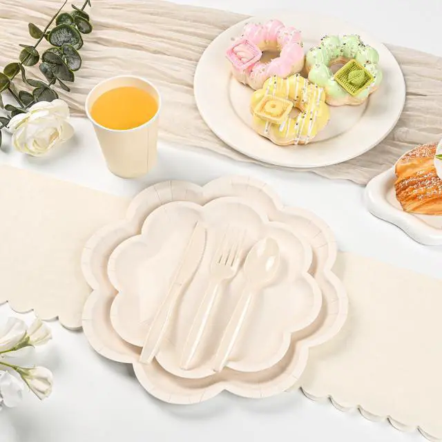 Alt view image 3 of 7 - 350 Pcs Ivory Paper Plates and Napkins Set, Tableware Set for 50 Guests Include Disposable Ivory Scalloped Plates, Napkins, Cups, Knives, Forks & Spoons for Baby Shower Wedding Bridal Shower Birthday