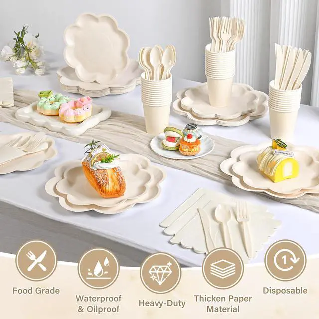 Alt view image 5 of 7 - 350 Pcs Ivory Paper Plates and Napkins Set, Tableware Set for 50 Guests Include Disposable Ivory Scalloped Plates, Napkins, Cups, Knives, Forks & Spoons for Baby Shower Wedding Bridal Shower Birthday