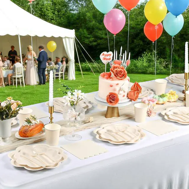 Alt view image 6 of 7 - 350 Pcs Ivory Paper Plates and Napkins Set, Tableware Set for 50 Guests Include Disposable Ivory Scalloped Plates, Napkins, Cups, Knives, Forks & Spoons for Baby Shower Wedding Bridal Shower Birthday