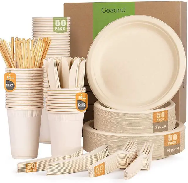 Main image of 350pcs Compostable Paper Plates Set Eco-friendly Heavy-duty Disposable Paper Plates Cutlery Includes Eco-friendly Plate, Forks, Knives, Spoons, Cups and Straws for Wedding Party, 50 Guests