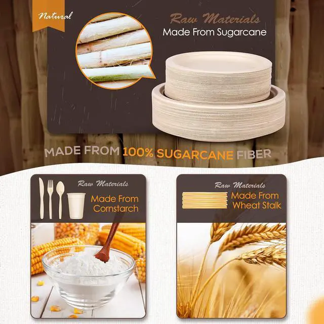 Alt view image 2 of 7 - 350pcs Compostable Paper Plates Set Eco-friendly Heavy-duty Disposable Paper Plates Cutlery Includes Eco-friendly Plate, Forks, Knives, Spoons, Cups and Straws for Wedding Party, 50 Guests
