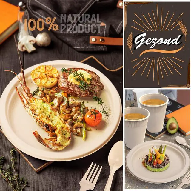 Alt view image 4 of 7 - 350pcs Compostable Paper Plates Set Eco-friendly Heavy-duty Disposable Paper Plates Cutlery Includes Eco-friendly Plate, Forks, Knives, Spoons, Cups and Straws for Wedding Party, 50 Guests
