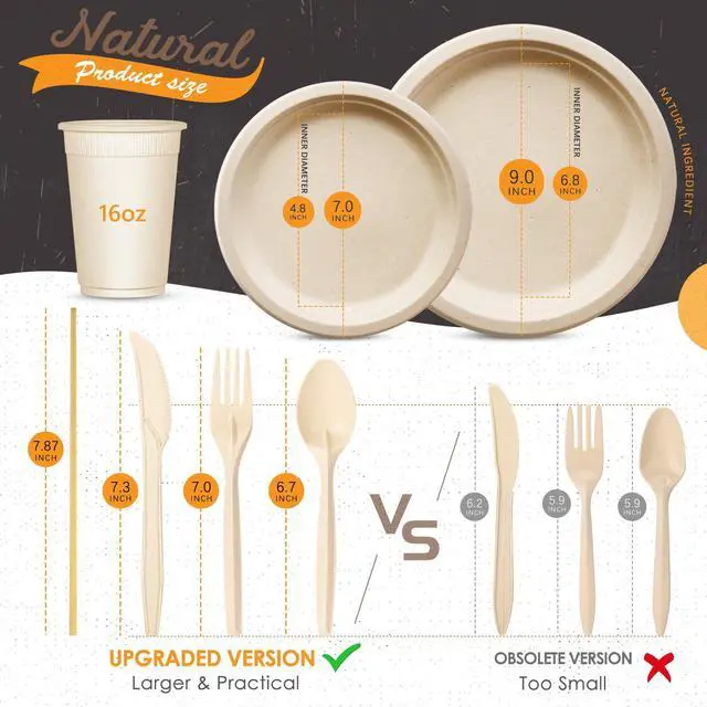 Alt view image 3 of 7 - 350pcs Compostable Paper Plates Set Eco-friendly Heavy-duty Disposable Paper Plates Cutlery Includes Eco-friendly Plate, Forks, Knives, Spoons, Cups and Straws for Wedding Party, 50 Guests