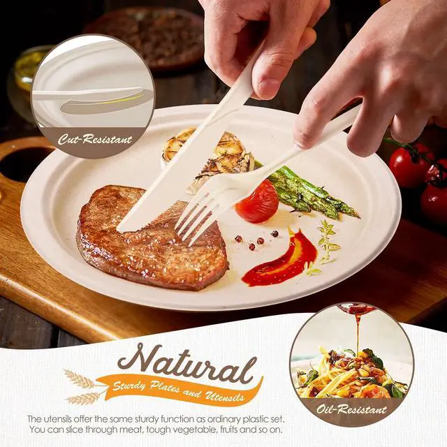 Alt view image 6 of 7 - 350pcs Compostable Paper Plates Set Eco-friendly Heavy-duty Disposable Paper Plates Cutlery Includes Eco-friendly Plate, Forks, Knives, Spoons, Cups and Straws for Wedding Party, 50 Guests