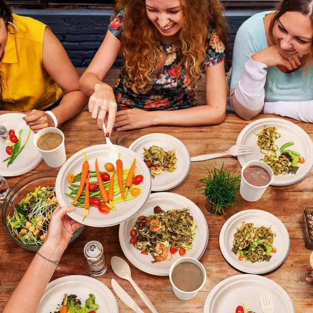 Alt view image 7 of 7 - 350pcs Compostable Paper Plates Set Eco-friendly Heavy-duty Disposable Paper Plates Cutlery Includes Eco-friendly Plate, Forks, Knives, Spoons, Cups and Straws for Wedding Party, 50 Guests