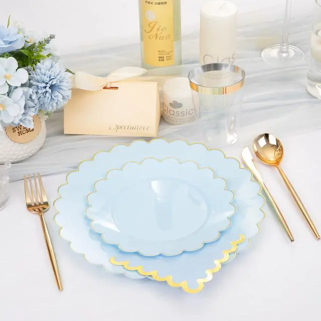 Alt view image 3 of 7 - 210 Pcs Light Blue Plastic Dinnerware Set - Baby Blue Plastic Plates Napkins with Gold Foil Include Bridal Shower Plates Disposable Gold Silverware Napkins Cups for Birthday 30 Guests