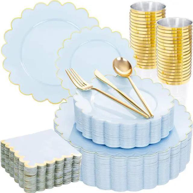 Main image of 210 Pcs Light Blue Plastic Dinnerware Set - Baby Blue Plastic Plates Napkins with Gold Foil Include Bridal Shower Plates Disposable Gold Silverware Napkins Cups for Birthday 30 Guests