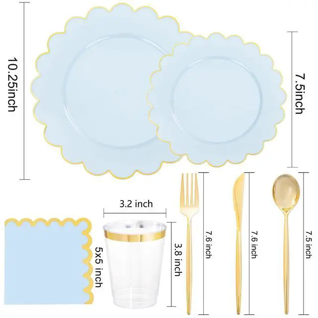 Alt view image 2 of 7 - 210 Pcs Light Blue Plastic Dinnerware Set - Baby Blue Plastic Plates Napkins with Gold Foil Include Bridal Shower Plates Disposable Gold Silverware Napkins Cups for Birthday 30 Guests