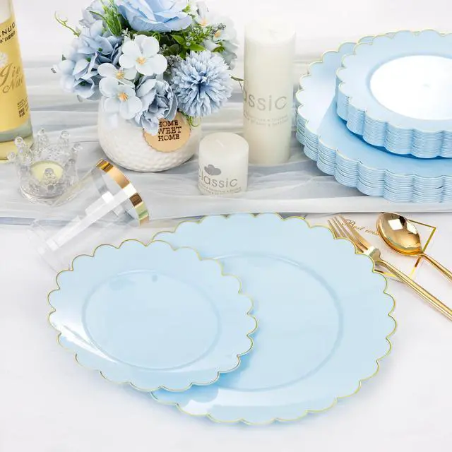 Alt view image 4 of 7 - 210 Pcs Light Blue Plastic Dinnerware Set - Baby Blue Plastic Plates Napkins with Gold Foil Include Bridal Shower Plates Disposable Gold Silverware Napkins Cups for Birthday 30 Guests