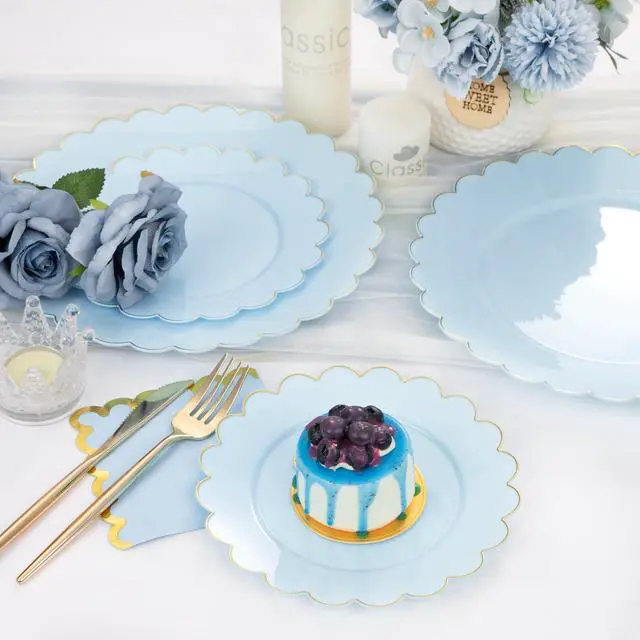 Alt view image 5 of 7 - 210 Pcs Light Blue Plastic Dinnerware Set - Baby Blue Plastic Plates Napkins with Gold Foil Include Bridal Shower Plates Disposable Gold Silverware Napkins Cups for Birthday 30 Guests