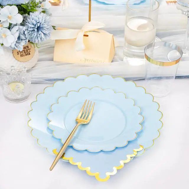 Alt view image 7 of 7 - 210 Pcs Light Blue Plastic Dinnerware Set - Baby Blue Plastic Plates Napkins with Gold Foil Include Bridal Shower Plates Disposable Gold Silverware Napkins Cups for Birthday 30 Guests