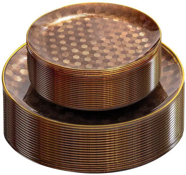 Main image of 60PCS Clear Brown Gold Plastic Plates - Heavy Duty Brown Disposable Plates With Gold Rim -serve for 30 guests Include Each 30PCS 10.25"&7.5" Honeycomb Design Plates for Party(Mocha Mousse)