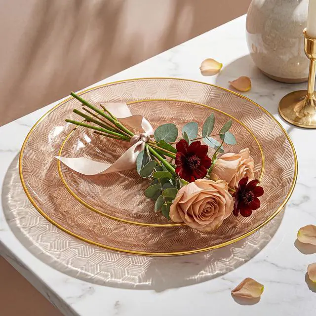 Alt view image 3 of 7 - 60PCS Clear Brown Gold Plastic Plates - Heavy Duty Brown Disposable Plates With Gold Rim -serve for 30 guests Include Each 30PCS 10.25"&7.5" Honeycomb Design Plates for Party(Mocha Mousse)