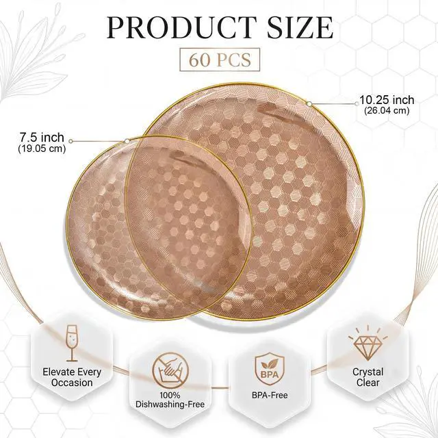 Alt view image 2 of 7 - 60PCS Clear Brown Gold Plastic Plates - Heavy Duty Brown Disposable Plates With Gold Rim -serve for 30 guests Include Each 30PCS 10.25"&7.5" Honeycomb Design Plates for Party(Mocha Mousse)