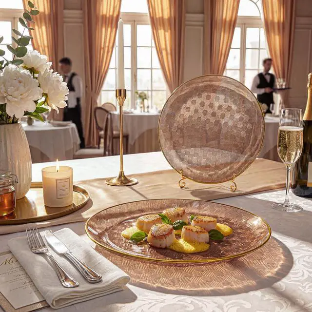 Alt view image 5 of 7 - 60PCS Clear Brown Gold Plastic Plates - Heavy Duty Brown Disposable Plates With Gold Rim -serve for 30 guests Include Each 30PCS 10.25"&7.5" Honeycomb Design Plates for Party(Mocha Mousse)