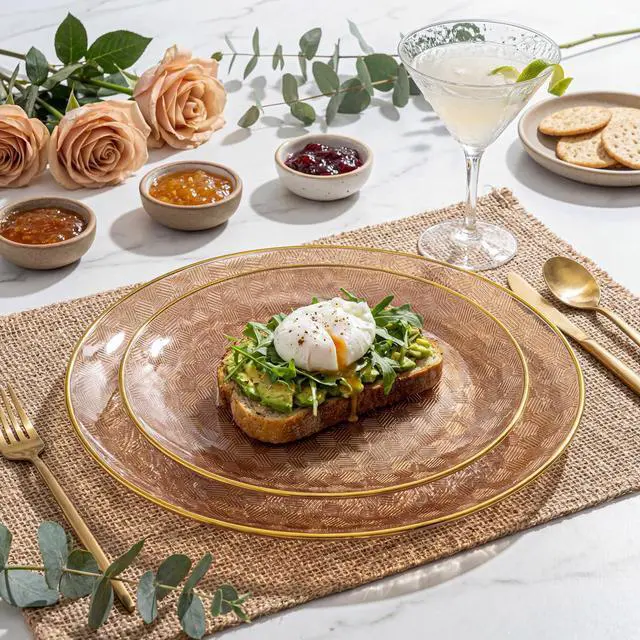 Alt view image 4 of 7 - 60PCS Clear Brown Gold Plastic Plates - Heavy Duty Brown Disposable Plates With Gold Rim -serve for 30 guests Include Each 30PCS 10.25"&7.5" Honeycomb Design Plates for Party(Mocha Mousse)