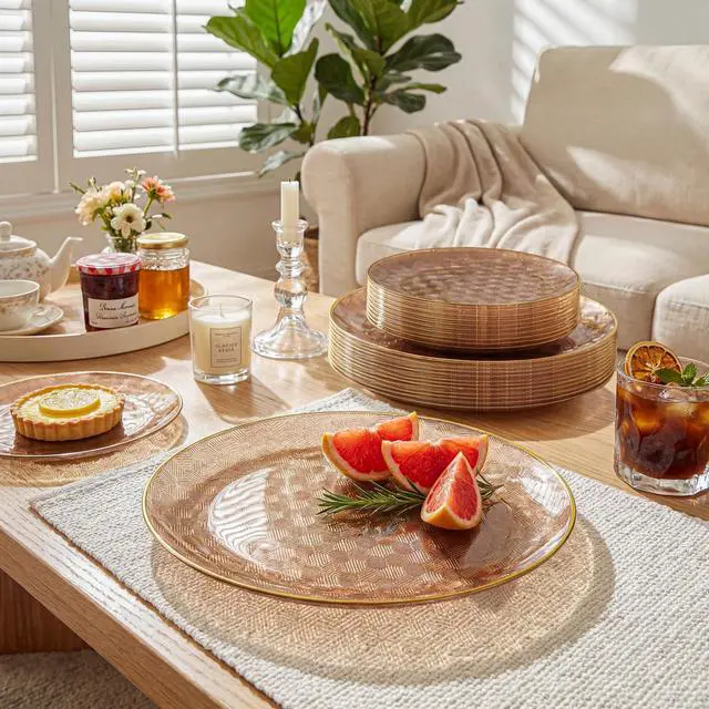Alt view image 7 of 7 - 60PCS Clear Brown Gold Plastic Plates - Heavy Duty Brown Disposable Plates With Gold Rim -serve for 30 guests Include Each 30PCS 10.25"&7.5" Honeycomb Design Plates for Party(Mocha Mousse)