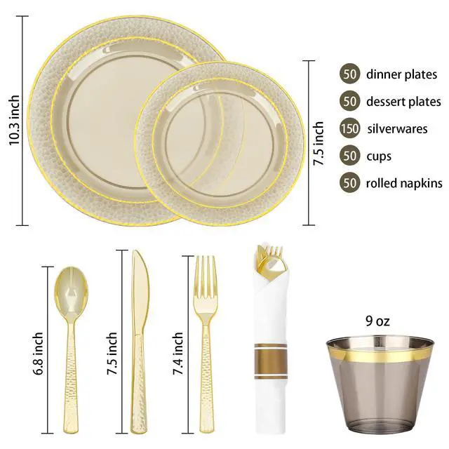 Alt view image 2 of 7 - 350PCS Clear Black Plastic Plates for 50 Guests, Disposable Dinnerware Set for Party and Graduation, Includes 100 Plastic Plates, 50 Pre Rolled Napkins with Gold Silverware, 50 Cups