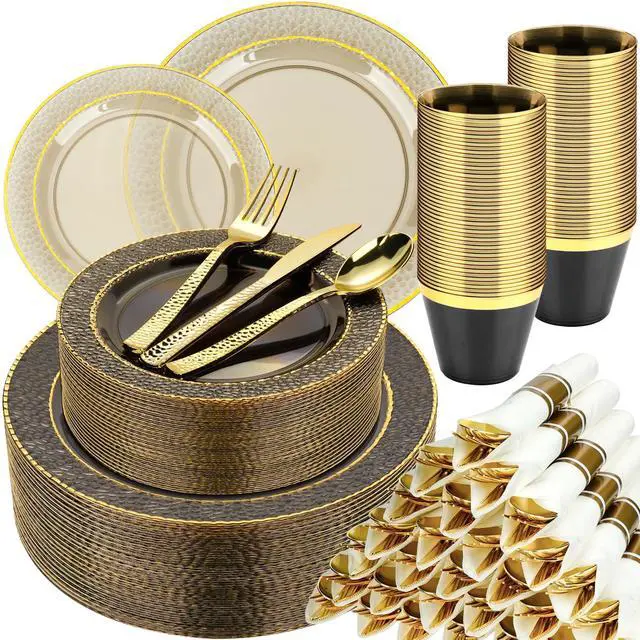 Main image of 350PCS Clear Black Plastic Plates for 50 Guests, Disposable Dinnerware Set for Party and Graduation, Includes 100 Plastic Plates, 50 Pre Rolled Napkins with Gold Silverware, 50 Cups