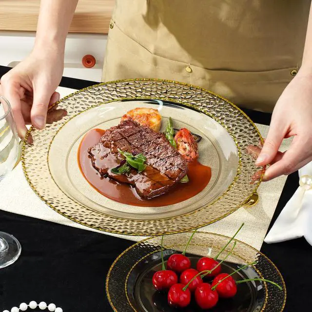 Alt view image 4 of 7 - 350PCS Clear Black Plastic Plates for 50 Guests, Disposable Dinnerware Set for Party and Graduation, Includes 100 Plastic Plates, 50 Pre Rolled Napkins with Gold Silverware, 50 Cups