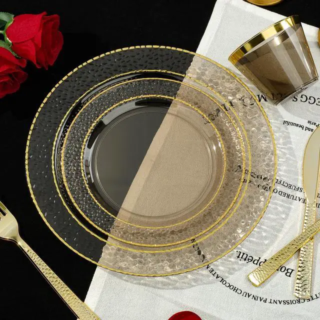Alt view image 3 of 7 - 350PCS Clear Black Plastic Plates for 50 Guests, Disposable Dinnerware Set for Party and Graduation, Includes 100 Plastic Plates, 50 Pre Rolled Napkins with Gold Silverware, 50 Cups