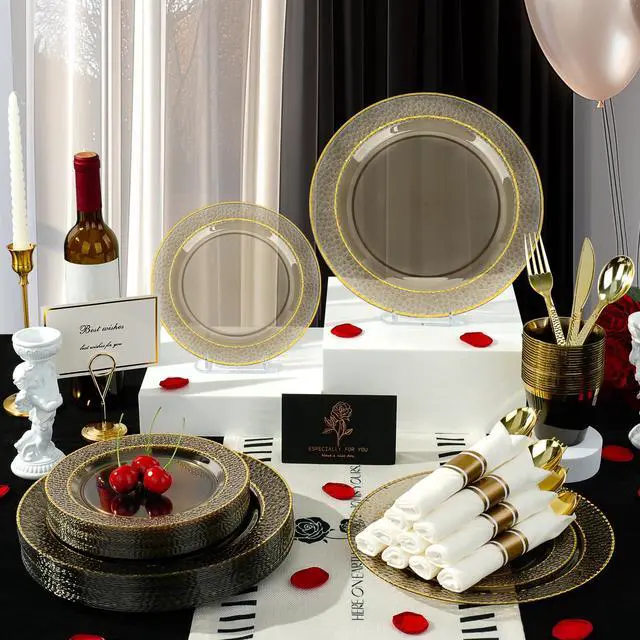 Alt view image 6 of 7 - 350PCS Clear Black Plastic Plates for 50 Guests, Disposable Dinnerware Set for Party and Graduation, Includes 100 Plastic Plates, 50 Pre Rolled Napkins with Gold Silverware, 50 Cups