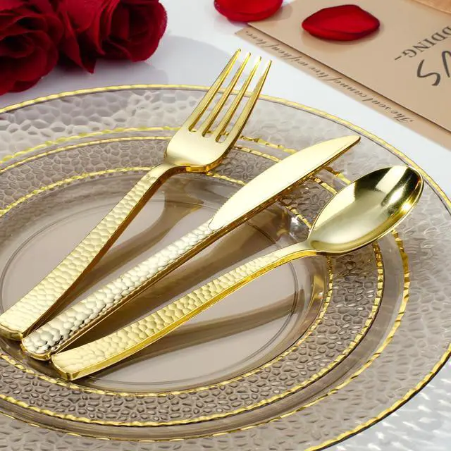Alt view image 5 of 7 - 350PCS Clear Black Plastic Plates for 50 Guests, Disposable Dinnerware Set for Party and Graduation, Includes 100 Plastic Plates, 50 Pre Rolled Napkins with Gold Silverware, 50 Cups