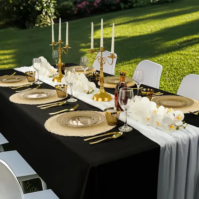 Alt view image 7 of 7 - 350PCS Clear Black Plastic Plates for 50 Guests, Disposable Dinnerware Set for Party and Graduation, Includes 100 Plastic Plates, 50 Pre Rolled Napkins with Gold Silverware, 50 Cups