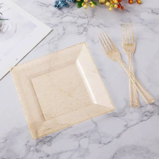Alt view image 2 of 6 - 240PCS 6.5" Square Gold Glitter Dessert Plastic Plates with 7.4" Forks, Gold Appetizer Plates for 120 Guests, Including 120 Disposable Cake Plastic Plates and 120 Forks for Wedding/Birthday