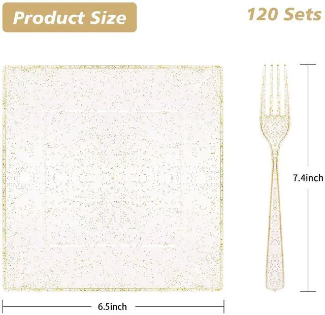 Alt view image 3 of 6 - 240PCS 6.5" Square Gold Glitter Dessert Plastic Plates with 7.4" Forks, Gold Appetizer Plates for 120 Guests, Including 120 Disposable Cake Plastic Plates and 120 Forks for Wedding/Birthday