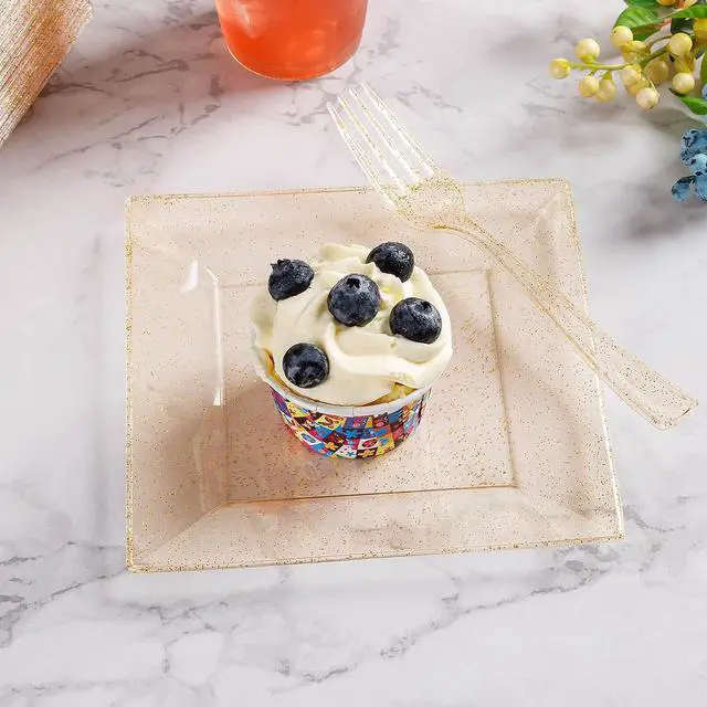 Alt view image 6 of 6 - 240PCS 6.5" Square Gold Glitter Dessert Plastic Plates with 7.4" Forks, Gold Appetizer Plates for 120 Guests, Including 120 Disposable Cake Plastic Plates and 120 Forks for Wedding/Birthday