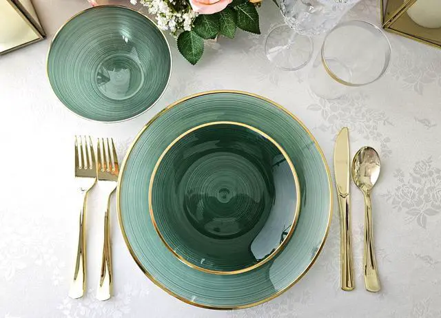 Alt view image 6 of 7 - 50 Plates Pack (25 Guests)-Wedding Party Disposable Plastic Plate Set -25 x 10'' Dinner + 25 x 7'' Salad & Dessert plates (Belize in Green & Gold)