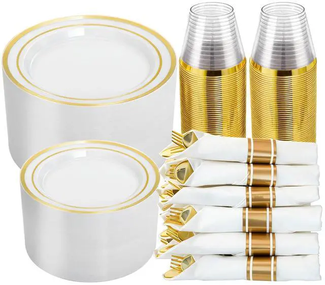 Main image of 350PCS Gold Plastic Dinnerware Set for 50 Guests, Include: 50 Dinner Plates, 50 Dessert Plates, 50 Pre Rolled Napkins with Silverware and 50 Cups, White and Gold Disposable Plates for Party