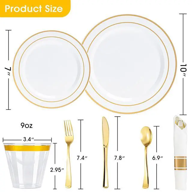 Alt view image 2 of 7 - 350PCS Gold Plastic Dinnerware Set for 50 Guests, Include: 50 Dinner Plates, 50 Dessert Plates, 50 Pre Rolled Napkins with Silverware and 50 Cups, White and Gold Disposable Plates for Party