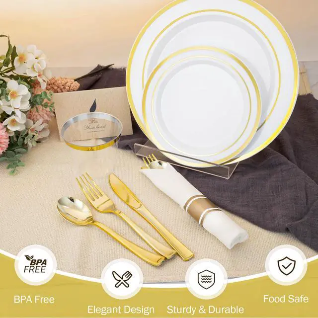 Alt view image 3 of 7 - 350PCS Gold Plastic Dinnerware Set for 50 Guests, Include: 50 Dinner Plates, 50 Dessert Plates, 50 Pre Rolled Napkins with Silverware and 50 Cups, White and Gold Disposable Plates for Party