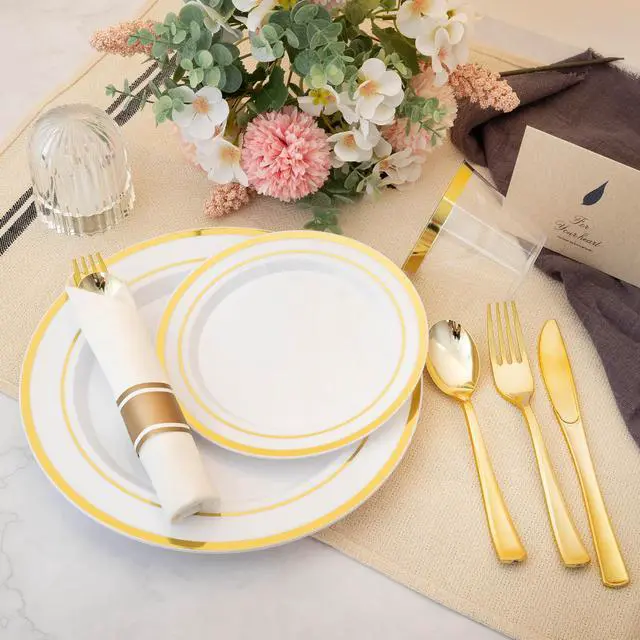 Alt view image 5 of 7 - 350PCS Gold Plastic Dinnerware Set for 50 Guests, Include: 50 Dinner Plates, 50 Dessert Plates, 50 Pre Rolled Napkins with Silverware and 50 Cups, White and Gold Disposable Plates for Party