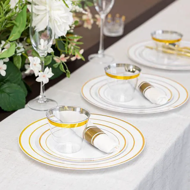 Alt view image 6 of 7 - 350PCS Gold Plastic Dinnerware Set for 50 Guests, Include: 50 Dinner Plates, 50 Dessert Plates, 50 Pre Rolled Napkins with Silverware and 50 Cups, White and Gold Disposable Plates for Party